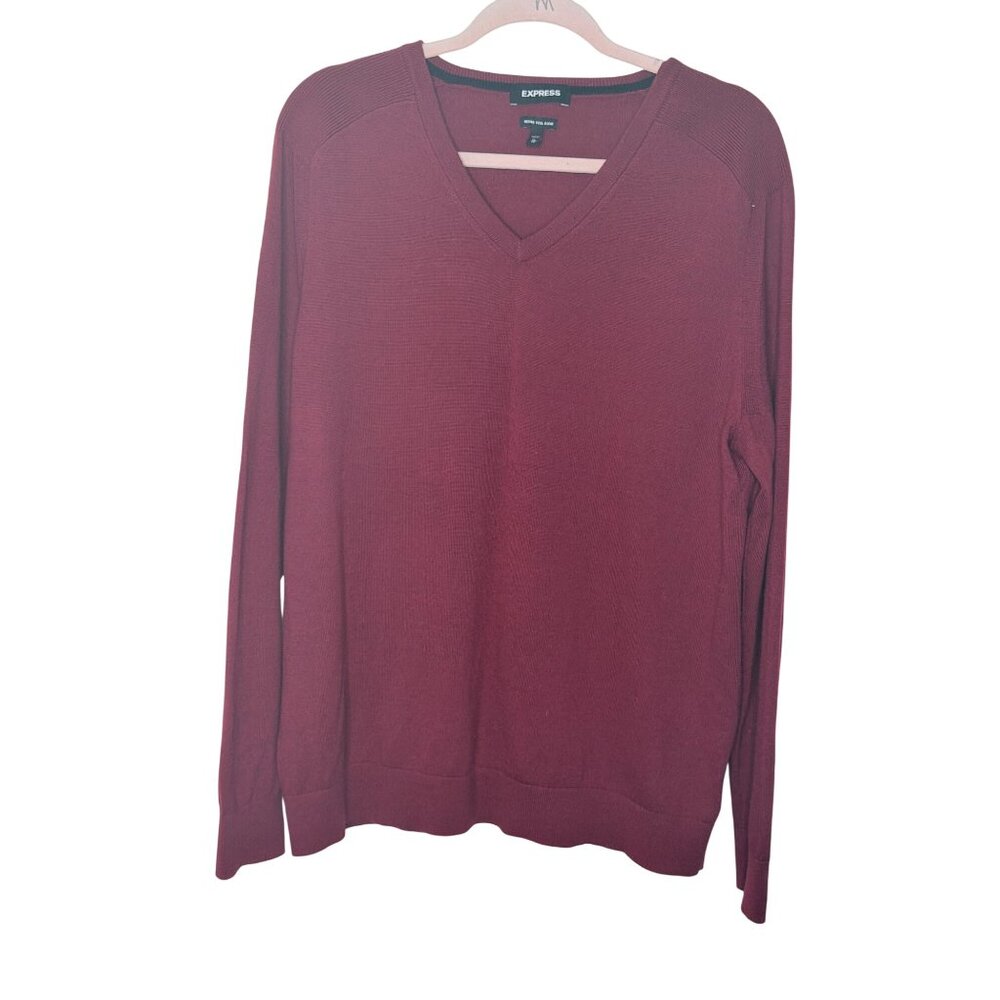 Express Mens Burgundy V-Neck Sweater XL Merino Wool Blend Preppy
